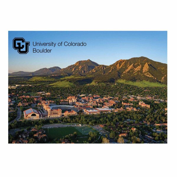 Postcard featuring aerial view of University of Colorado Boulder campus and Flatirons with CU logo and space for message and address